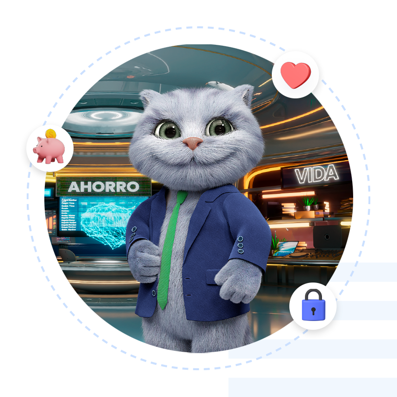 Imagen de seguro Contexto Central de un gato vestido formal con un cartel detrás de Ahorro y Vida
